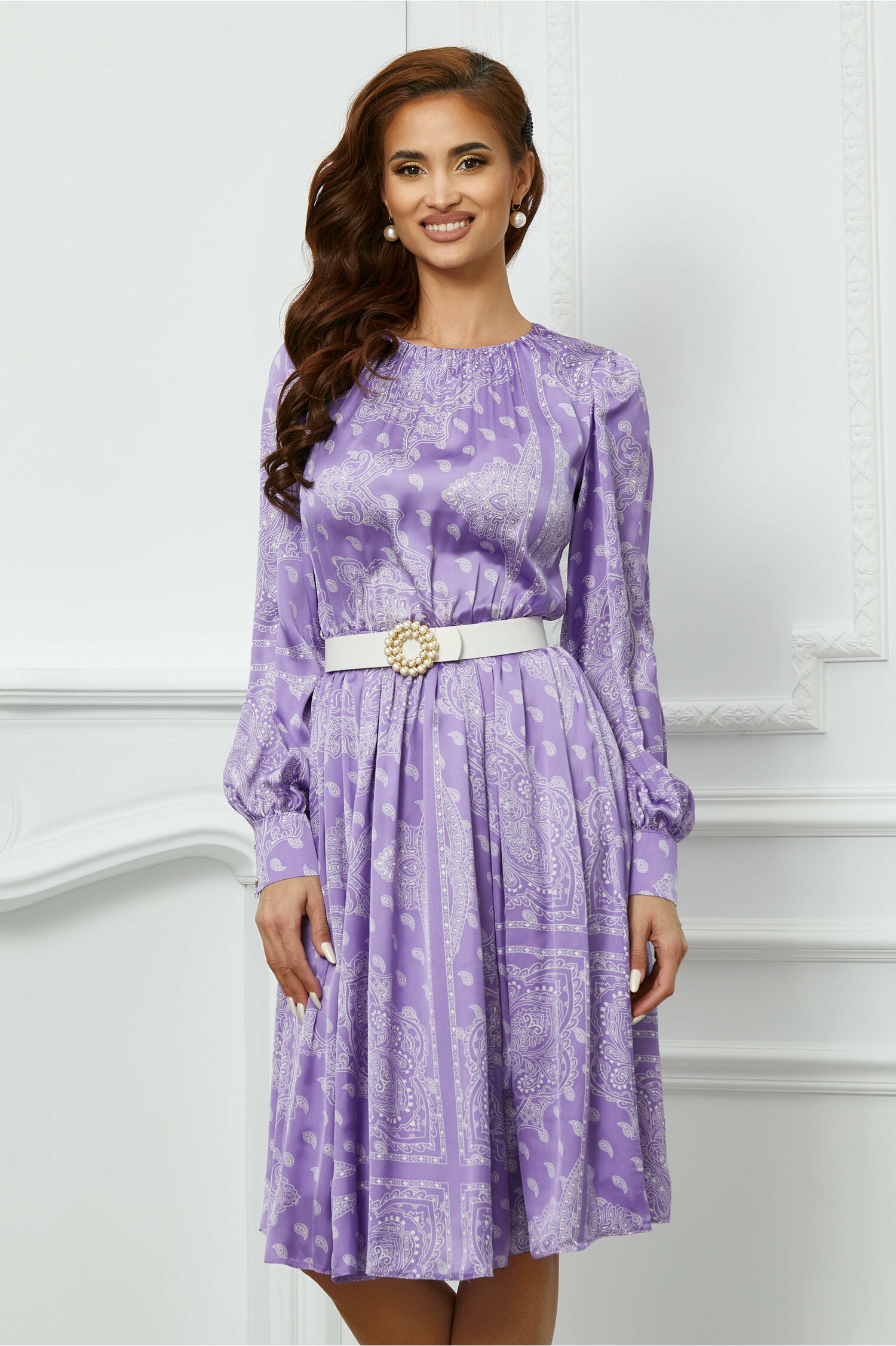 Rochie dy fashion lila cu imprimeuri albe