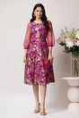 Rochie DY Fashion din voal lila cu imprimeuri florale si maneci din organza, 3, dyfashion.ro