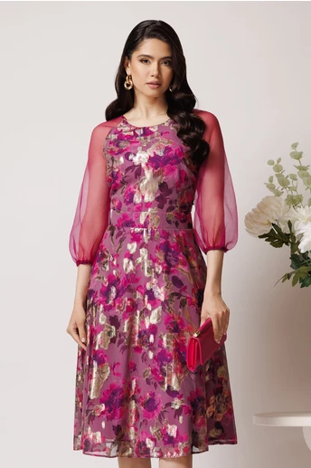 Rochie DY Fashion din voal lila cu imprimeuri florale si maneci din organza