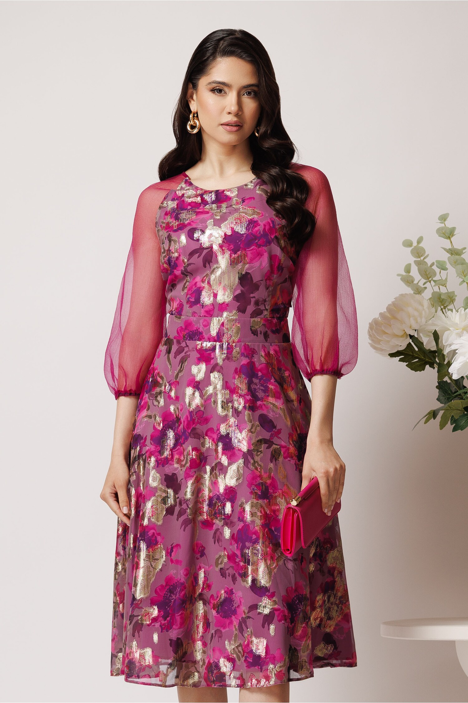 Rochie DY Fashion din voal lila cu imprimeuri florale si maneci din organza