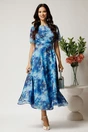Rochie DY Fashion lunga albastra cu imprimeu floral din voal in croi clos, 3, dyfashion.ro