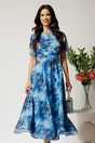 Rochie DY Fashion lunga albastra cu imprimeu floral din voal in croi clos, 1, dyfashion.ro