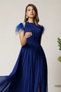Rochie DY Fashion lunga albastra din tull fin cu pene la umeri, 3, dyfashion.ro