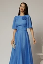 Rochie DY Fashion lunga albastra din voal cu fir lurex in clos cu accesoriu la bust, 3, dyfashion.ro