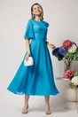 Rochie DY Fashion lunga albastra din voal cu fir lurex in clos cu accesoriu la bust, 3, dyfashion.ro