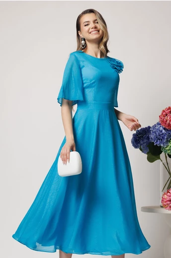 Rochie DY Fashion lunga albastra din voal in clos cu accesoriu la bust