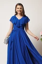 Rochie DY Fashion lunga albastra in clos din voal cu volanas la bust si crapatura pe picior, 3, dyfashion.ro
