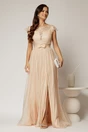Rochie DY Fashion lunga bej de seara din voal creponat si funda in talie, 1, dyfashion.ro
