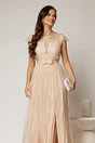Rochie DY Fashion lunga bej de seara din voal creponat si funda in talie, 3, dyfashion.ro