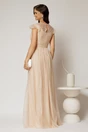 Rochie DY Fashion lunga bej de seara din voal creponat si funda in talie, 2, dyfashion.ro