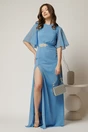 Rochie DY Fashion lunga bleu de seara din voal cu aplicatie pe talie, 1, dyfashion.ro