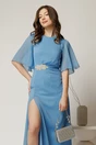 Rochie DY Fashion lunga bleu de seara din voal cu aplicatie pe talie, 3, dyfashion.ro