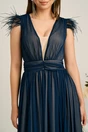 Rochie DY Fashion lunga bleumarin din voal in clos cu pene la umeri, 3, dyfashion.ro