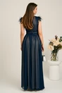 Rochie DY Fashion lunga bleumarin din voal in clos cu pene la umeri, 2, dyfashion.ro