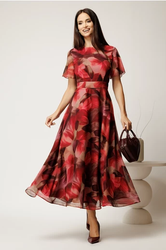 Rochie DY Fashion lunga bordo cu imprimeu din voal in croi clos