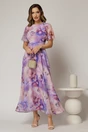 Rochie DY Fashion lunga cu imprimeu lila din voal creponat cu rijelina, 1, dyfashion.ro