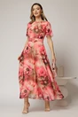Rochie DY Fashion lunga cu imprimeu rosu zmeura din voal creponat cu rijelina, 1, dyfashion.ro