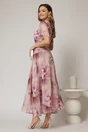 Rochie DY Fashion lunga cu imprimeu roz din voal creponat cu rijelina, 2, dyfashion.ro