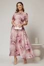 Rochie DY Fashion lunga cu imprimeu roz din voal creponat cu rijelina, 1, dyfashion.ro
