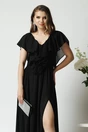 Rochie DY Fashion lunga eleganta din voal neagra cu floare in talie si volan la bust