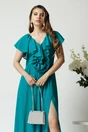 Rochie DY Fashion lunga eleganta din voal verde cu floare in talie si volan la bust