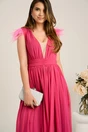 Rochie DY Fashion lunga fucsia din voal in clos cu pene la umeri, 4, dyfashion.ro