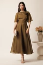 Rochie DY Fashion lunga kaki din voal cu fir lurex in clos cu accesoriu la bust, 3, dyfashion.ro