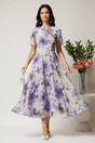Rochie DY Fashion lunga lila cu imprimeu floral din voal in croi clos, 3, dyfashion.ro