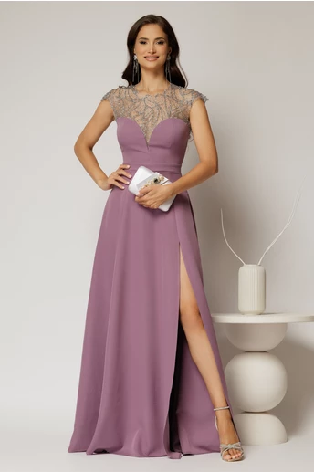 Rochie DY Fashion lunga lila de seara cu aplicatii la bust