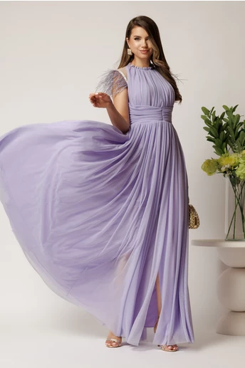 Rochie DY Fashion lunga lila din tull fin cu pene la umeri
