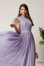 Rochie DY Fashion lunga lila din tull fin cu pene la umeri, 3, dyfashion.ro