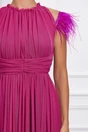 Rochie DY Fashion lunga magenta din tull cu pene la umeri, 3, dyfashion.ro