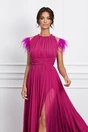 Rochie DY Fashion lunga magenta din tull cu pene la umeri, 4, dyfashion.ro