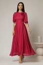 Rochie DY Fashion lunga magenta din voal cu fir lurex in clos cu accesoriu la bust, 1, dyfashion.ro
