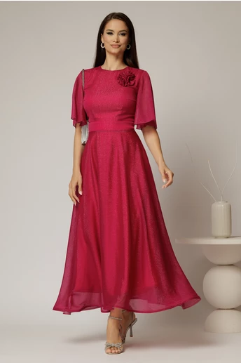 Rochie DY Fashion lunga magenta din voal cu fir lurex in clos cu accesoriu la bust