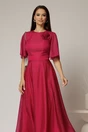 Rochie DY Fashion lunga magenta din voal cu fir lurex in clos cu accesoriu la bust, 3, dyfashion.ro