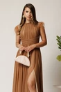 Rochie DY Fashion lunga maro din tull fin cu pene la umeri, 3, dyfashion.ro
