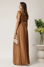 Rochie DY Fashion lunga maro din tull fin cu pene la umeri, 2, dyfashion.ro