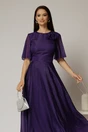 Rochie DY Fashion lunga mov din voal cu fir lurex in clos cu accesoriu la bust, 3, dyfashion.ro