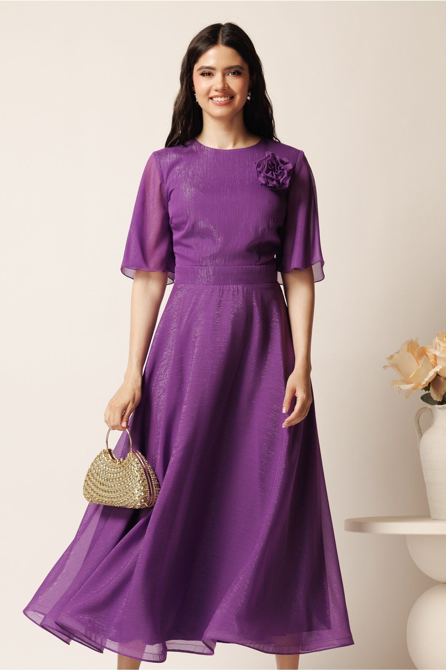 Rochie DY Fashion lunga mov din voal in clos cu accesoriu la bust