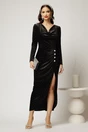 Rochie DY Fashion lunga neagra cu glitter cu slit si nasturi decorativi, 1, dyfashion.ro