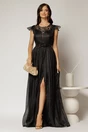 Rochie DY Fashion lunga neagra de seara din voal creponat si funda in talie, 1, dyfashion.ro