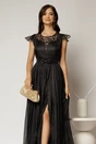 Rochie DY Fashion lunga neagra de seara din voal creponat si funda in talie, 3, dyfashion.ro