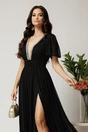 Rochie DY Fashion lunga neagra din voal in clos cu strasuri si tull la decolteu, 3, dyfashion.ro