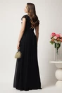 Rochie DY Fashion lunga neagra in clos din voal cu volanas la bust si crapatura pe picior, 2, dyfashion.ro