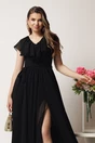 Rochie DY Fashion lunga neagra in clos din voal cu volanas la bust si crapatura pe picior, 3, dyfashion.ro
