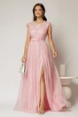 Rochie DY Fashion lunga roz de seara din voal creponat si funda in talie, 1, dyfashion.ro