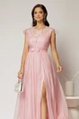 Rochie DY Fashion lunga roz de seara din voal creponat si funda in talie, 3, dyfashion.ro