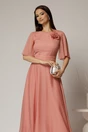 Rochie DY Fashion lunga roz din voal cu fir lurex in clos cu accesoriu la bust, 3, dyfashion.ro
