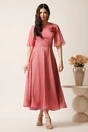 Rochie DY Fashion lunga roz din voal cu fir lurex in clos cu accesoriu la bust, 3, dyfashion.ro